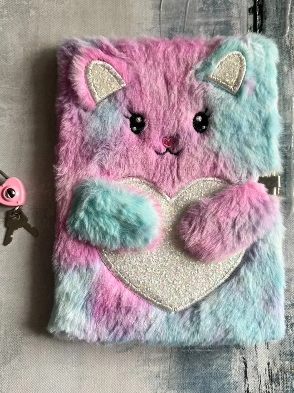 Shiny Glitter Fluffy Cat Diary with Lock